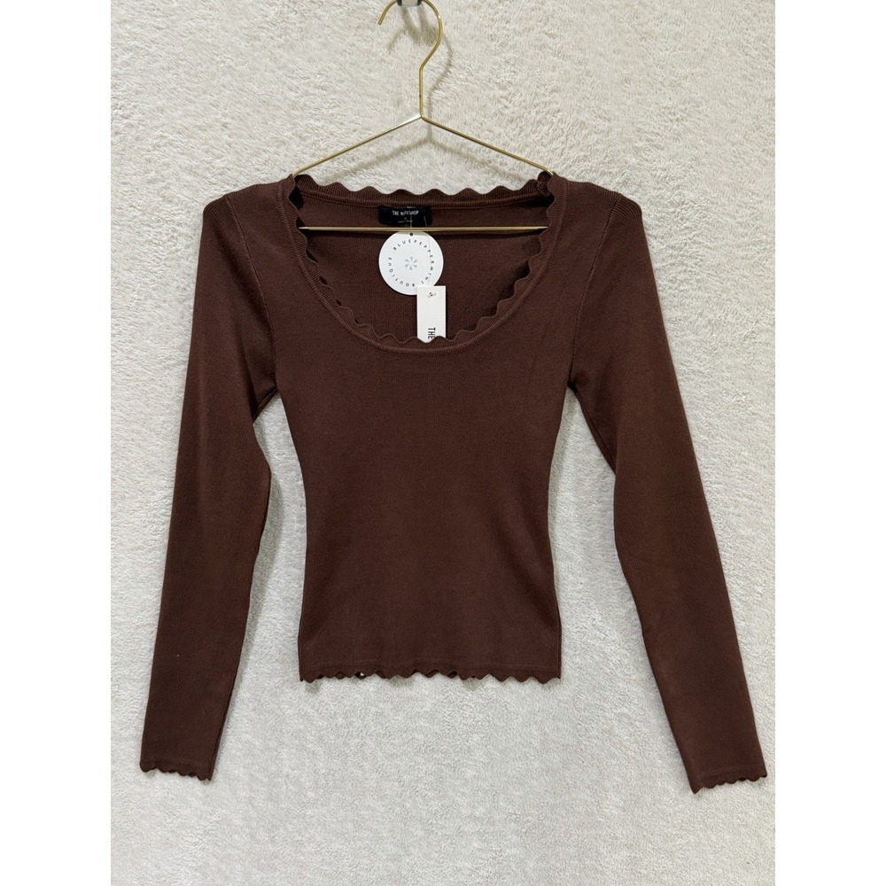NWT Topshop Elliott Scallop Trim Long Sleeve Brown Top Size Medium
